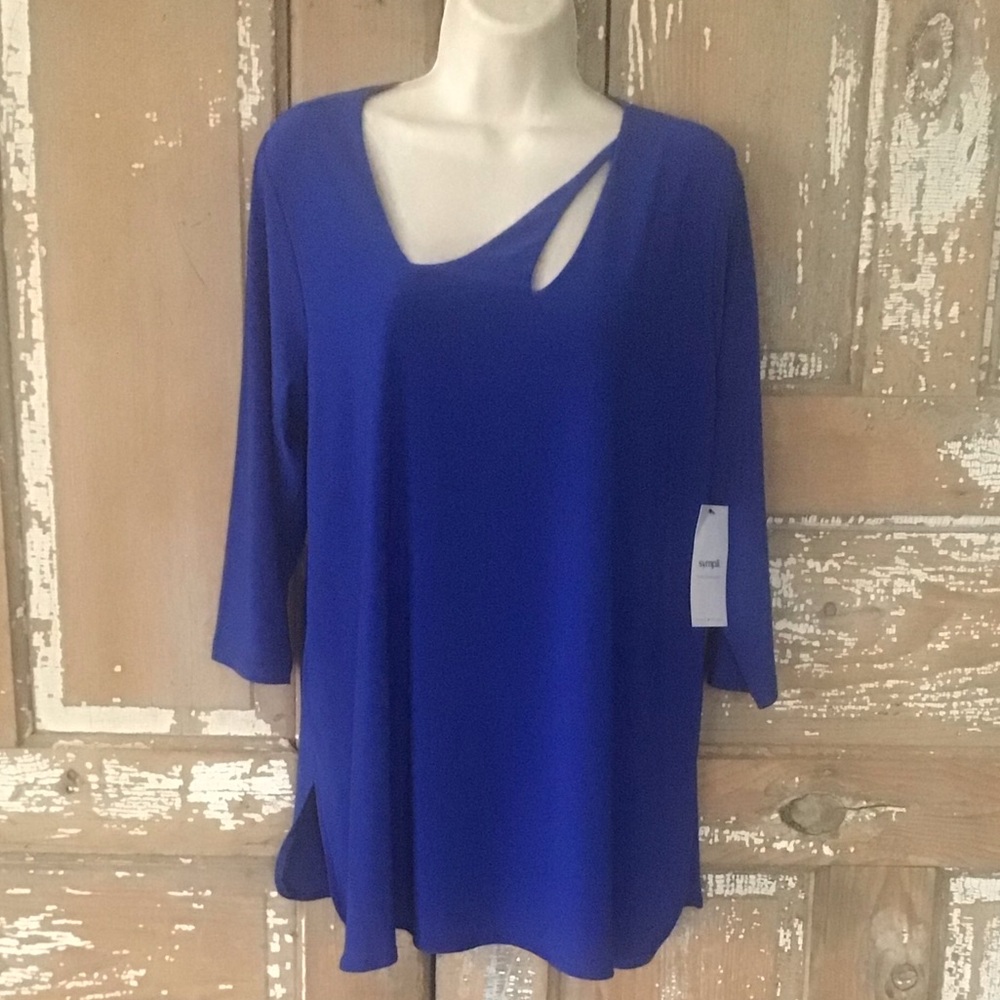 NWT $165 Sympli Slant Keyhole Top 3/4 Sleeve Blue Size 14 Stretch